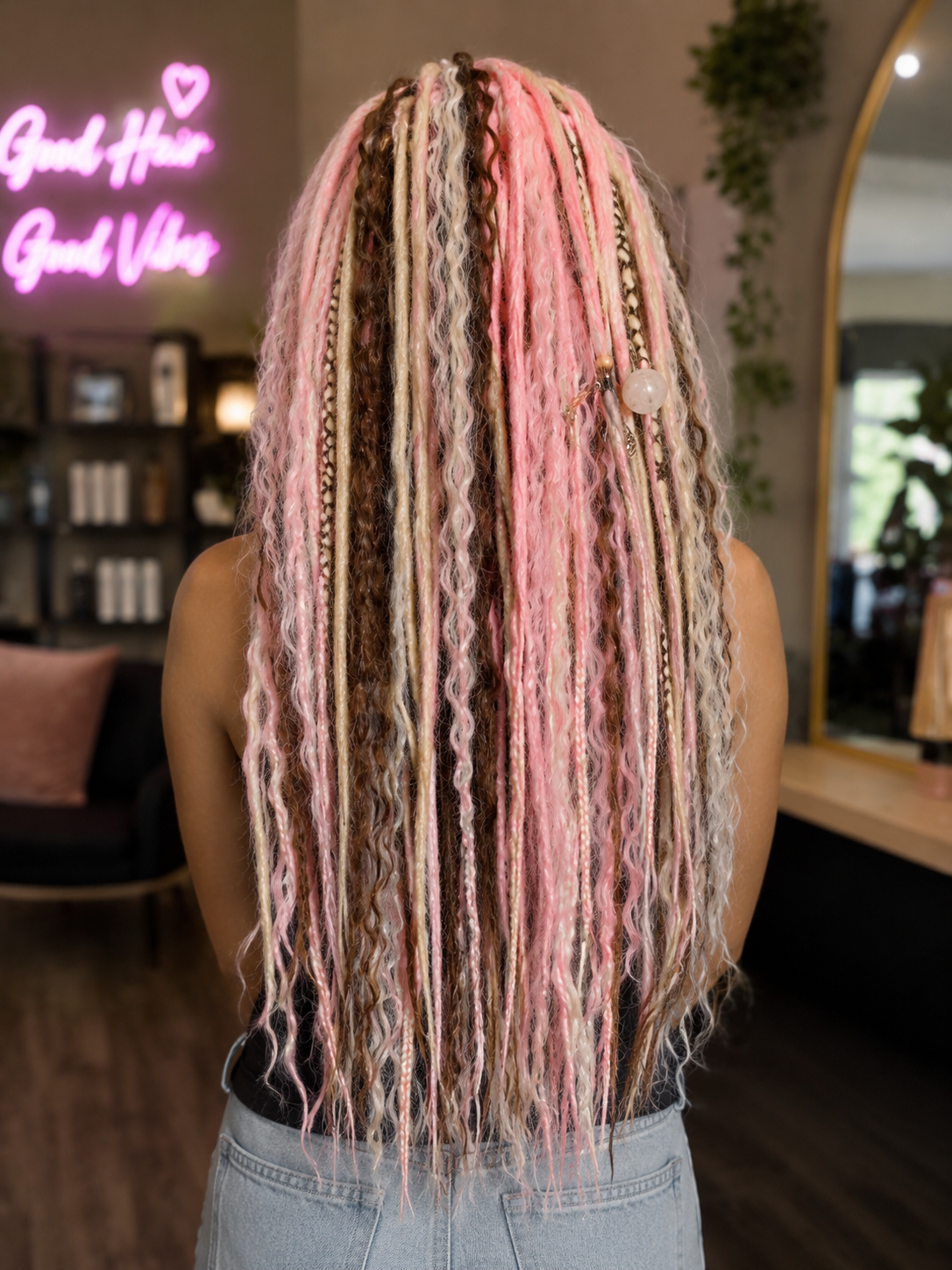 Pink Brown Blonde Boho Dreadlock Extensions with Braids & Loose Curls