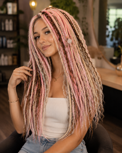 Pink Brown Blonde Boho Dreadlock Extensions with Braids & Loose Curls