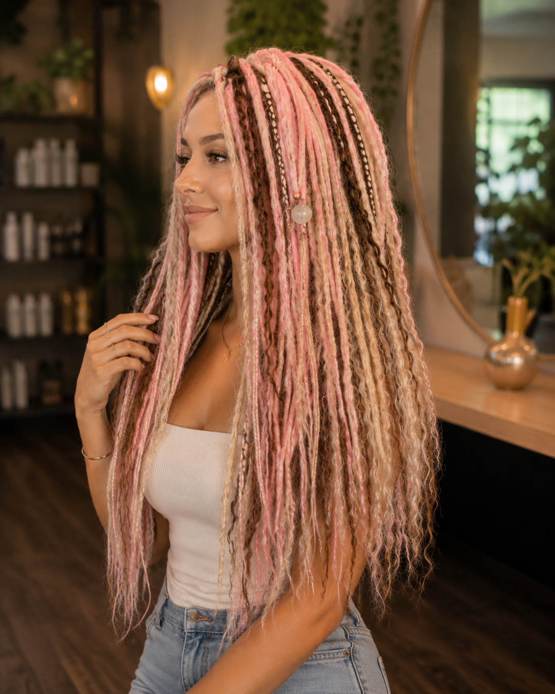 Pink Brown Blonde Boho Dreadlock Extensions with Braids & Loose Curls