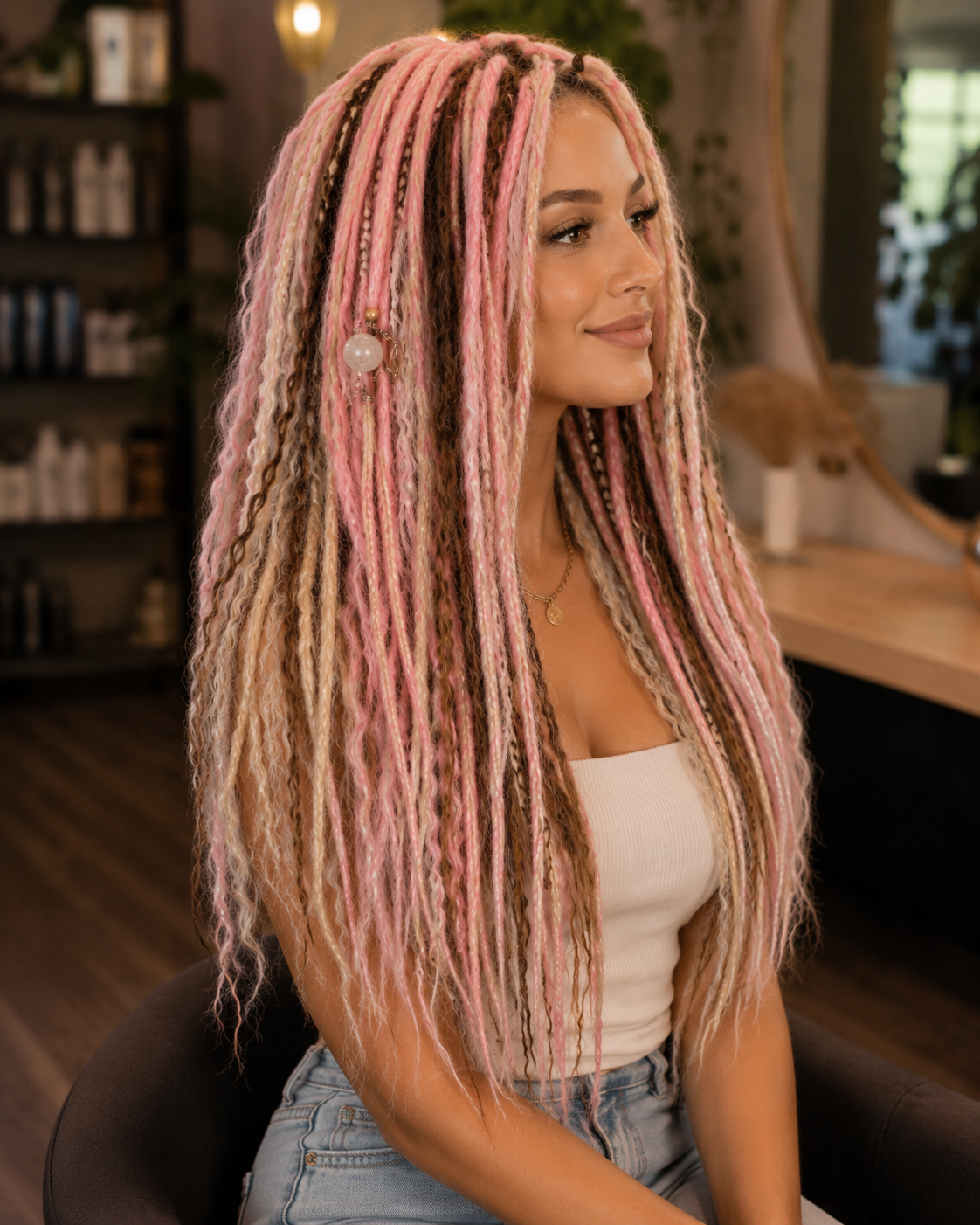 Pink Brown Blonde Boho Dreadlock Extensions with Braids & Loose Curls