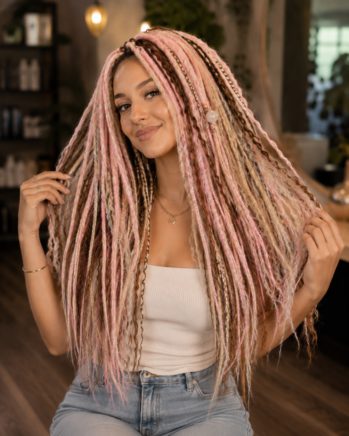 Pink Brown Blonde Boho Dreadlock Extensions with Braids & Loose Curls