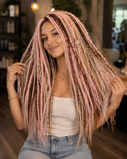 Pink Brown Blonde Boho Dreadlock Extensions with Braids & Loose Curls