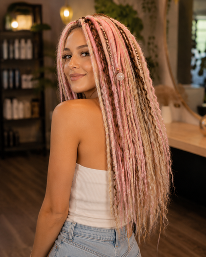 Pink Brown Blonde Boho Dreadlock Extensions with Braids & Loose Curls