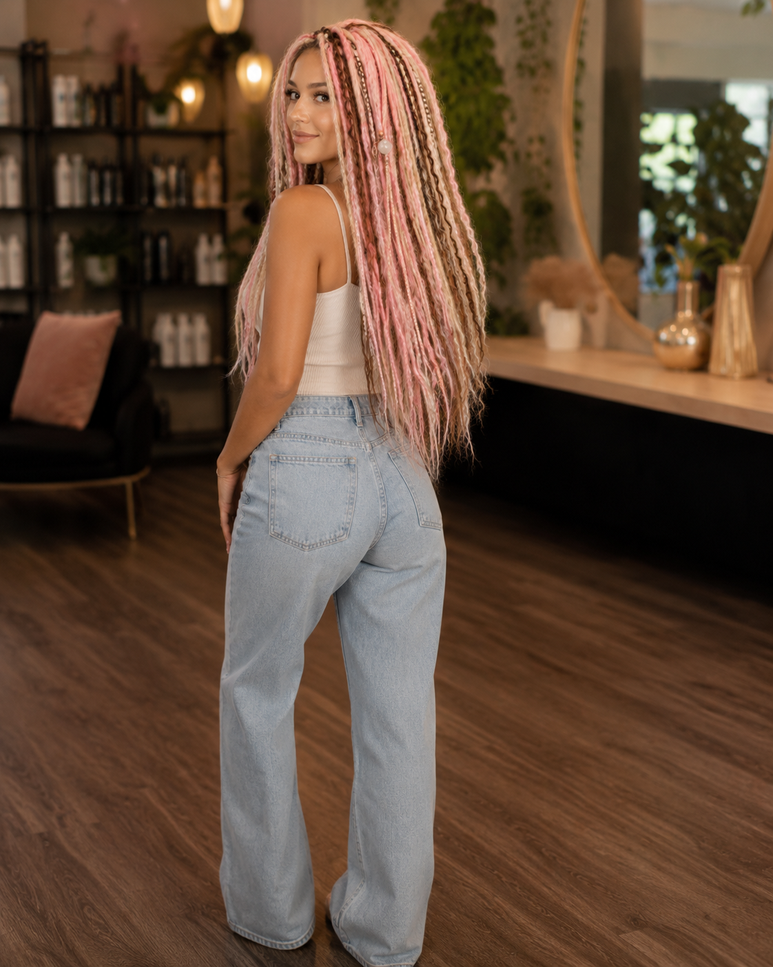Pink Brown Blonde Boho Dreadlock Extensions with Braids & Loose Curls