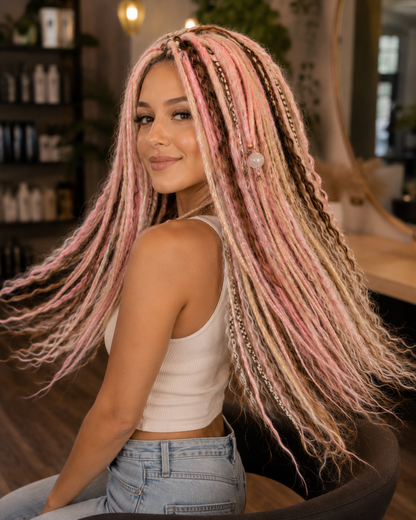 Pink Brown Blonde Boho Dreadlock Extensions with Braids & Loose Curls
