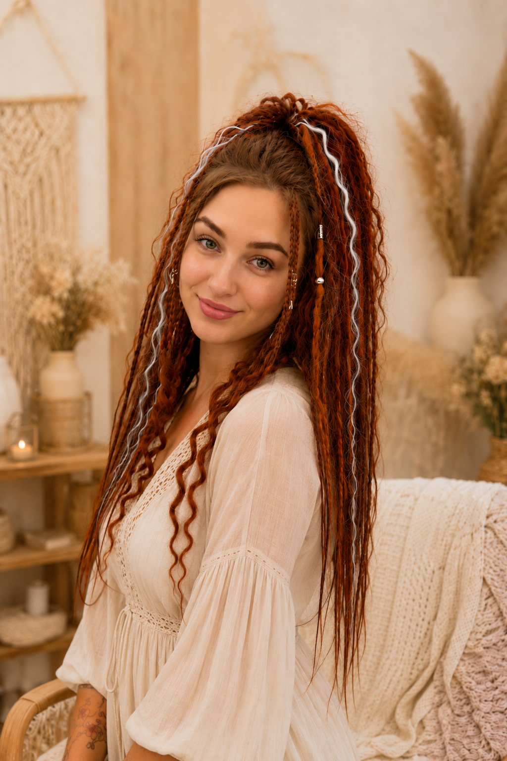 Auburn Copper Boho Claw Clip Dread Ponytail Set with Clip-In Braids