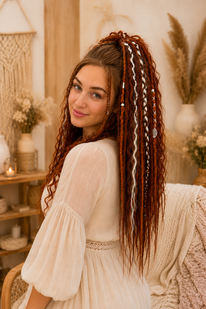 Auburn Copper Boho Claw Clip Dread Ponytail Set with Clip-In Braids