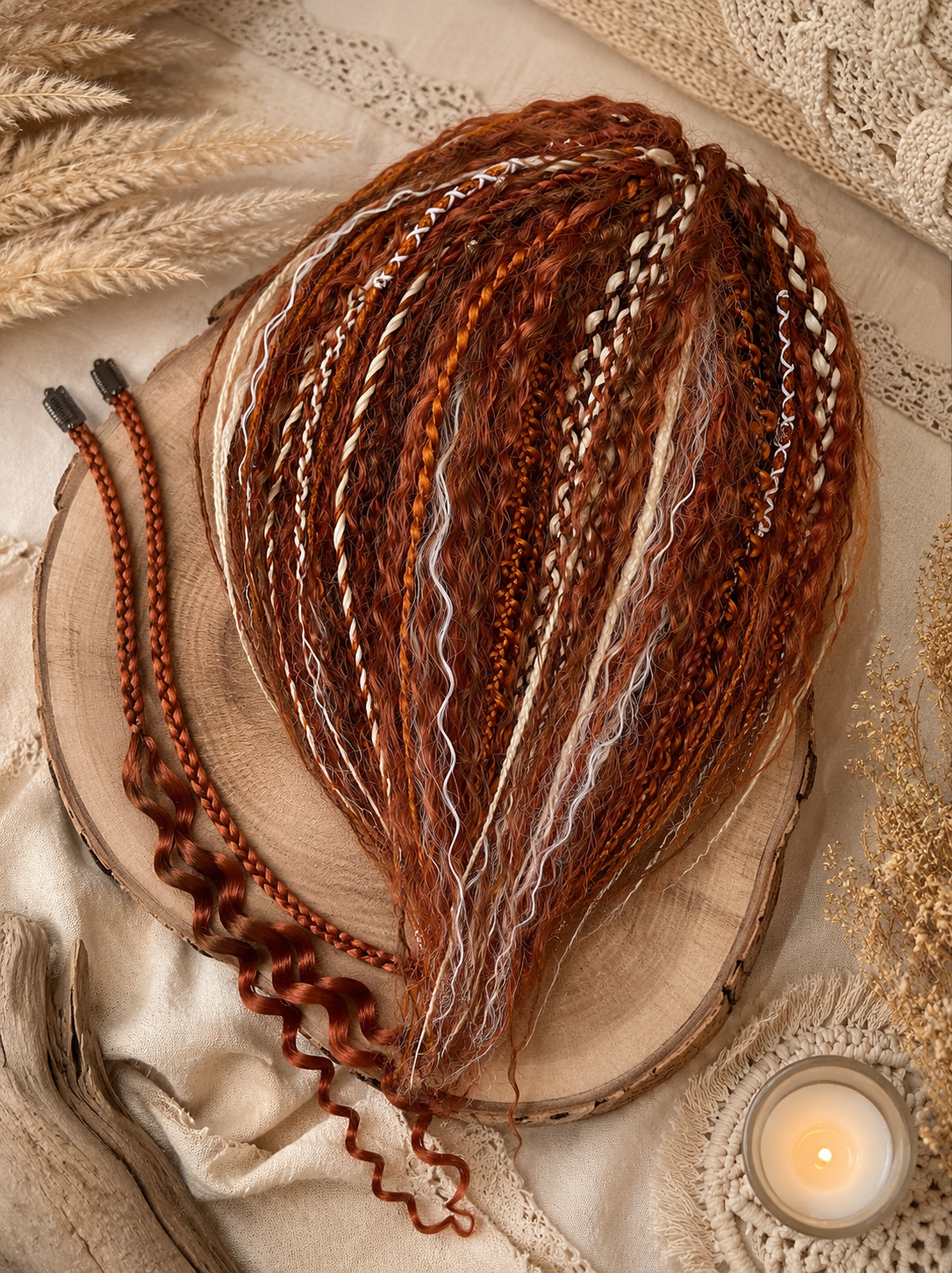 Auburn Copper Boho Claw Clip Dread Ponytail Set with Clip-In Braids