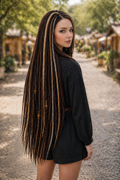 80 cm Dark Brown Blonde Dreadlock Extensions – Boho Synthetic DE Dreads