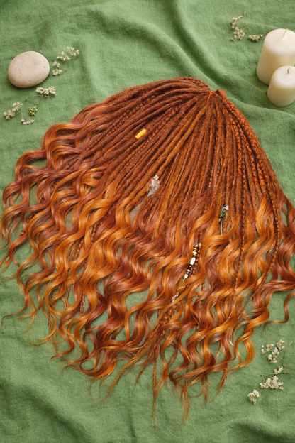 Kupfer-Auburn Boho Fake Dreads mit bürstbaren Locken – weiche synthetische Dreads, kein Orange