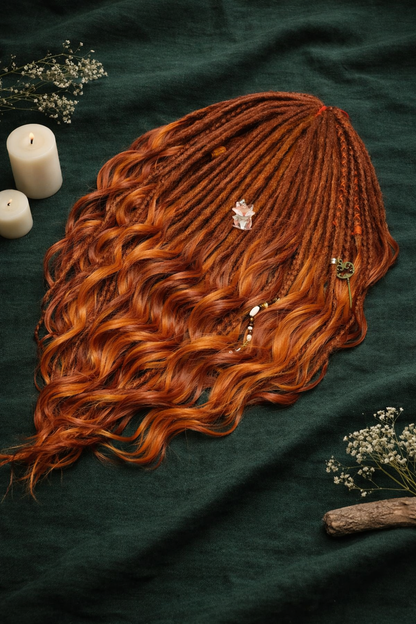 Kupfer-Auburn Boho Fake Dreads mit bürstbaren Locken – weiche synthetische Dreads, kein Orange
