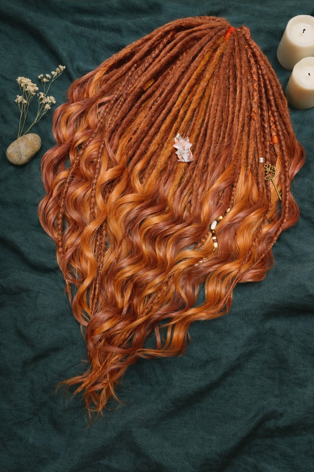 Kupfer-Auburn Boho Fake Dreads mit bürstbaren Locken – weiche synthetische Dreads, kein Orange