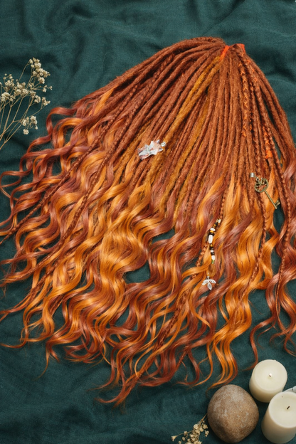 Kupfer-Auburn Boho Fake Dreads mit bürstbaren Locken – weiche synthetische Dreads, kein Orange