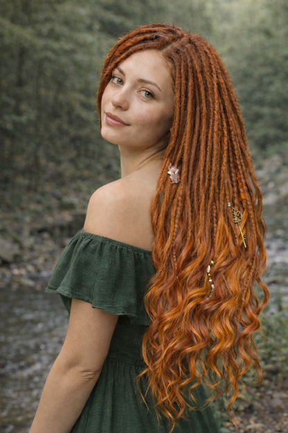 Kupfer-Auburn Boho Fake Dreads mit bürstbaren Locken – weiche synthetische Dreads, kein Orange
