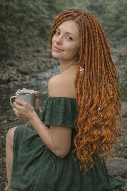 Kupfer-Auburn Boho Fake Dreads mit bürstbaren Locken – weiche synthetische Dreads, kein Orange