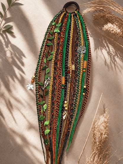 Forest Fake Dread Ponytail – Brown Green Dreadlock Extension on Elastic Band