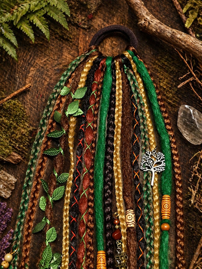 Forest Fake Dread Ponytail – Brown Green Dreadlock Extension on Elastic Band