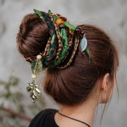 Forest Fake Dread Ponytail – Brown Green Dreadlock Extension on Elastic Band