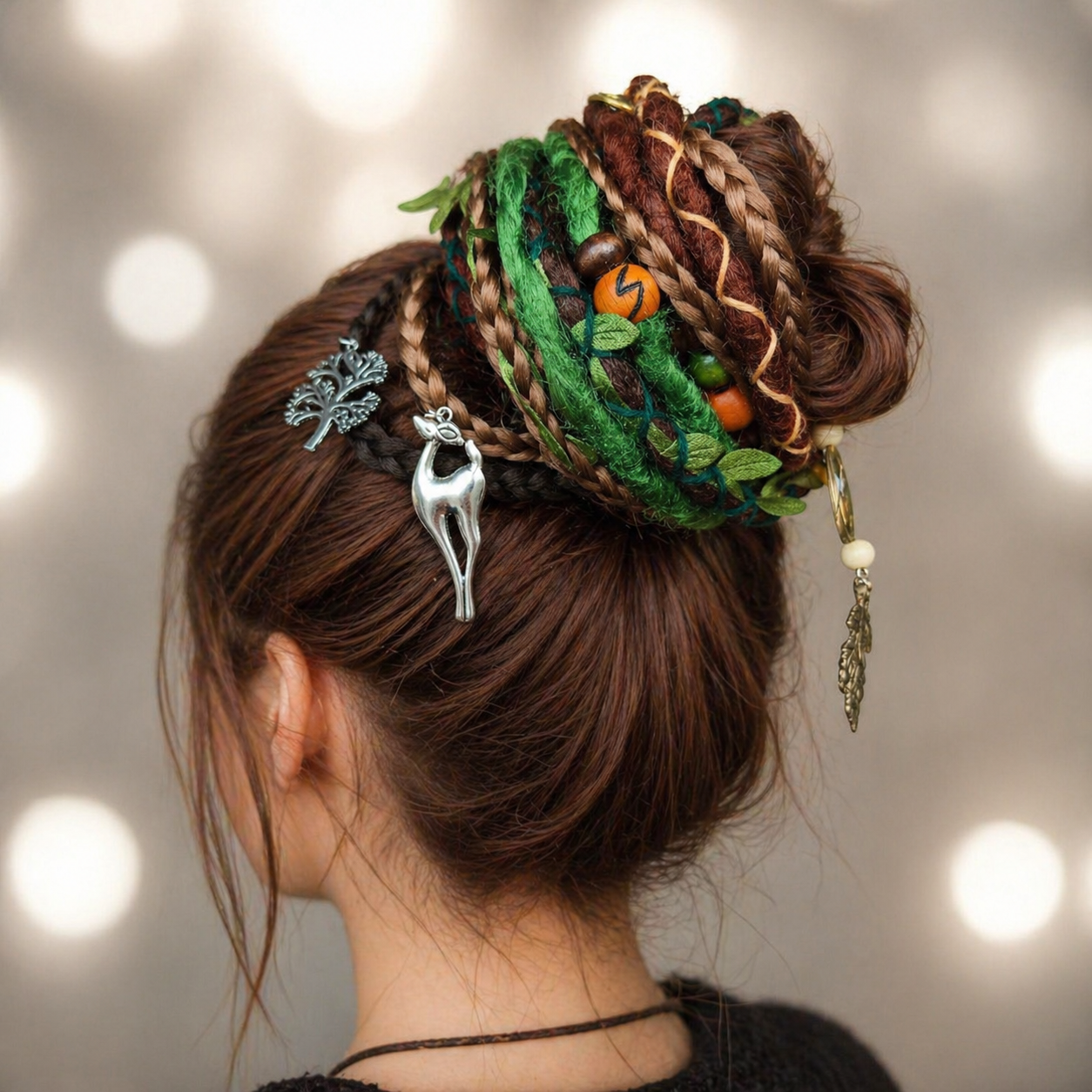 Forest Fake Dread Ponytail – Brown Green Dreadlock Extension on Elastic Band