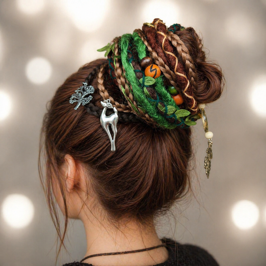 Forest Fake Dread Ponytail – Brown Green Dreadlock Extension on Elastic Band