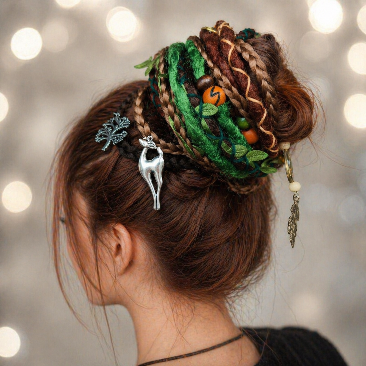 Forest Fake Dread Ponytail – Brown Green Dreadlock Extension on Elastic Band