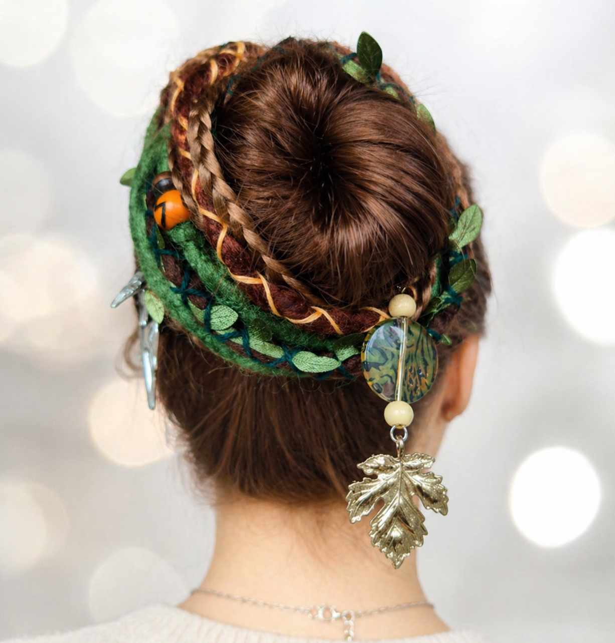 Forest Fake Dread Ponytail – Brown Green Dreadlock Extension on Elastic Band