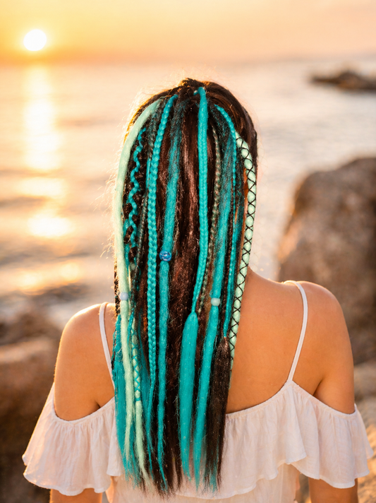 Turquoise Dread Ponytail – Boho Synthetic Dreads, Lightweight Faux Dreadlocks