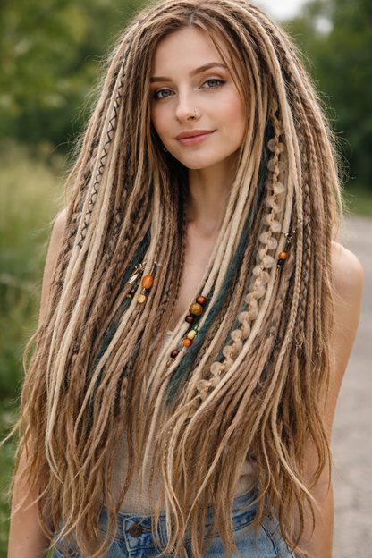 Blonde Dreadlock Extensions mit grünen Akzenten – synthetische Boho-Dreads, leicht