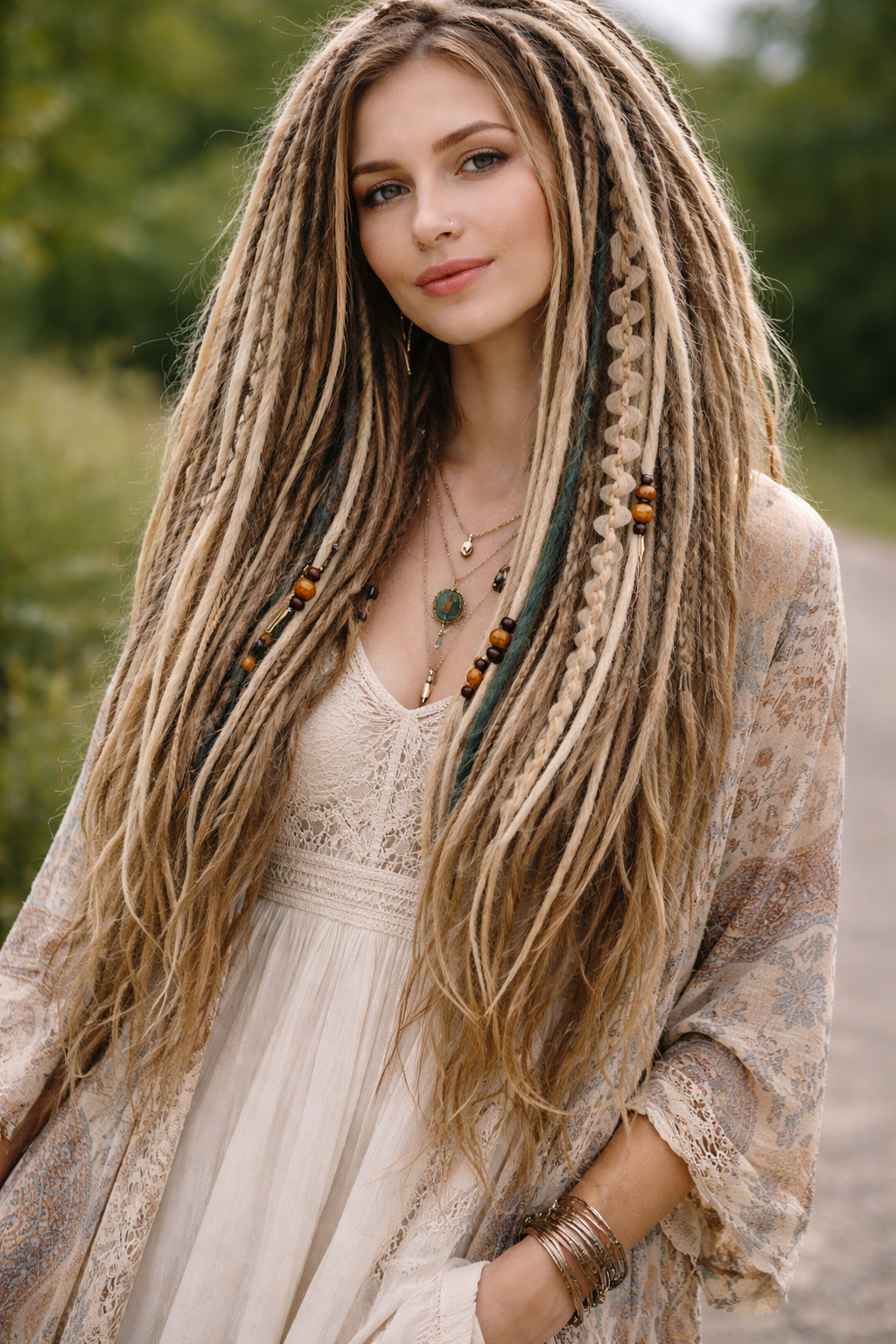 Blonde Dreadlock Extensions mit grünen Akzenten – synthetische Boho-Dreads, leicht