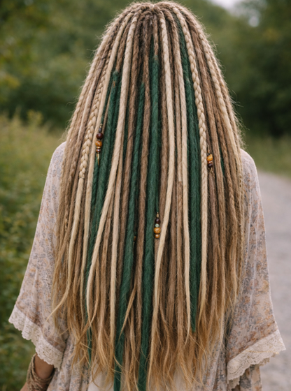 Blonde Dreadlock Extensions mit grünen Akzenten – synthetische Boho-Dreads, leicht