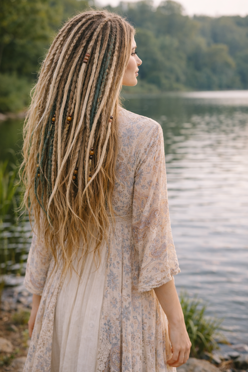 Blonde Dreadlock Extensions mit grünen Akzenten – synthetische Boho-Dreads, leicht