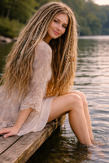 Blonde Dreadlock Extensions mit grünen Akzenten – synthetische Boho-Dreads, leicht