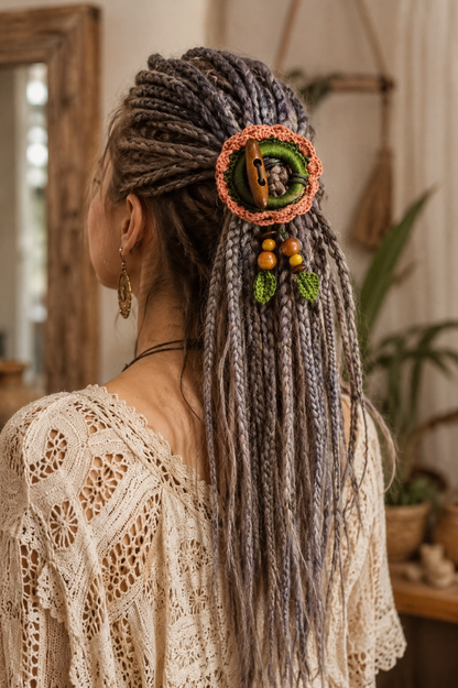 Terracotta Crochet Hair Cuff with Wooden Toggle for Dreadlocks, Braids and Thick Hair