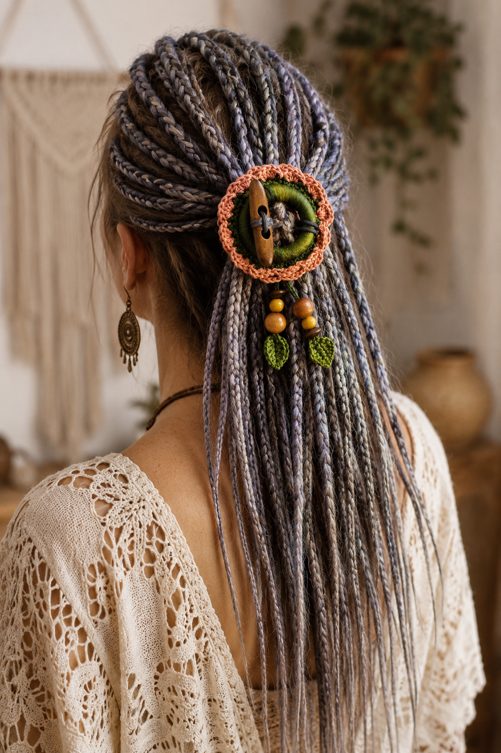 Terracotta Crochet Hair Cuff with Wooden Toggle for Dreadlocks, Braids and Thick Hair
