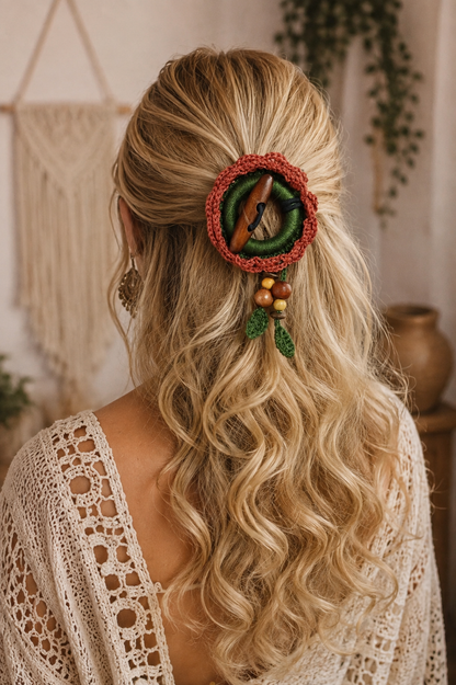 Terracotta Crochet Hair Cuff with Wooden Toggle for Dreadlocks, Braids and Thick Hair