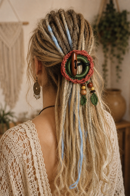 Terracotta Crochet Hair Cuff with Wooden Toggle for Dreadlocks, Braids and Thick Hair