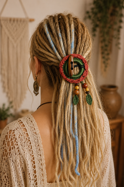 Terracotta Crochet Hair Cuff with Wooden Toggle for Dreadlocks, Braids and Thick Hair