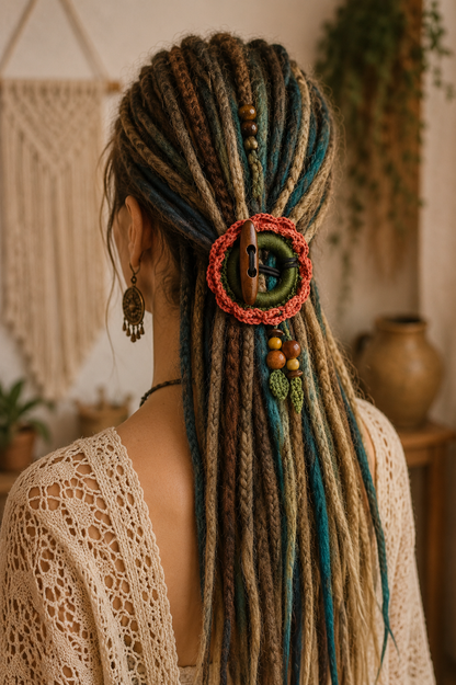 Terracotta Crochet Hair Cuff with Wooden Toggle for Dreadlocks, Braids and Thick Hair