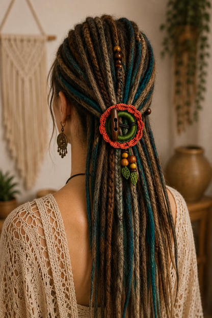 Terracotta Crochet Hair Cuff with Wooden Toggle for Dreadlocks, Braids and Thick Hair