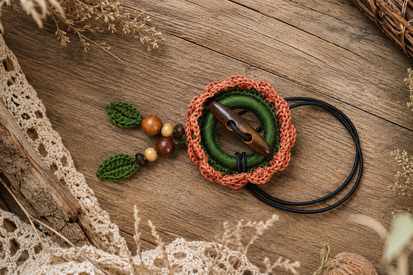 Terracotta Crochet Hair Cuff with Wooden Toggle for Dreadlocks, Braids and Thick Hair