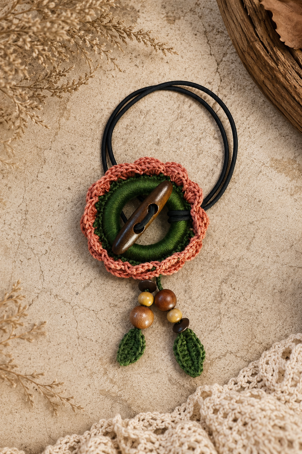 Terracotta Crochet Hair Cuff with Wooden Toggle for Dreadlocks, Braids and Thick Hair