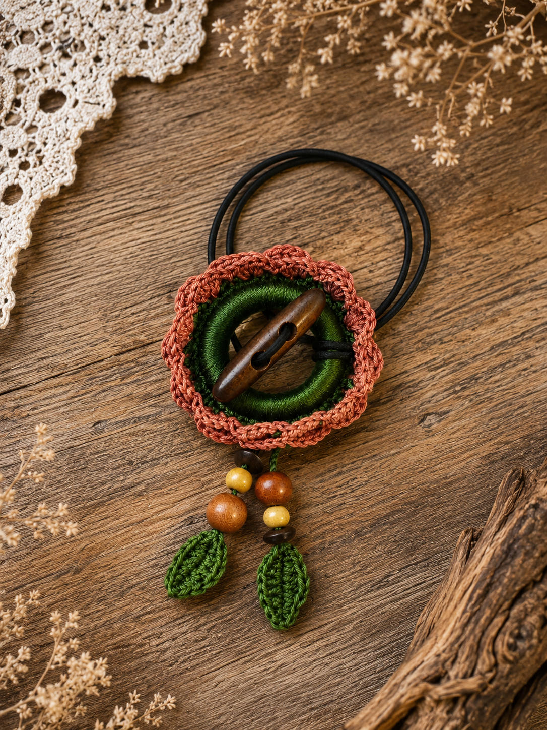 Terracotta Crochet Hair Cuff with Wooden Toggle for Dreadlocks, Braids and Thick Hair
