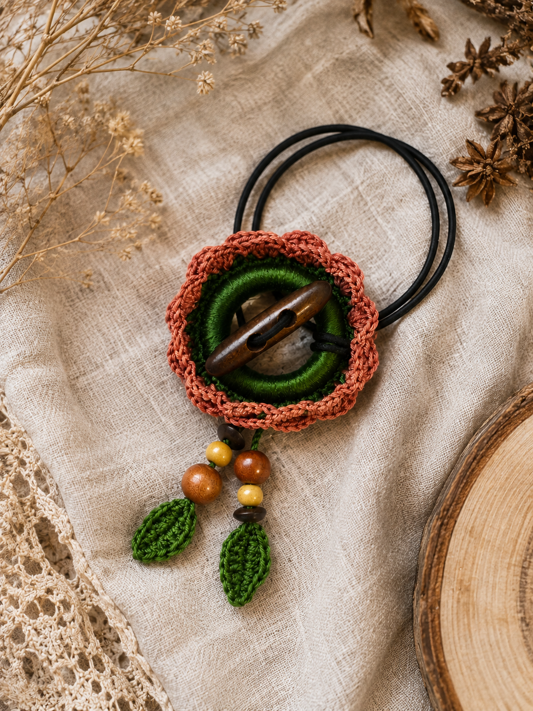 Terracotta Crochet Hair Cuff with Wooden Toggle for Dreadlocks, Braids and Thick Hair