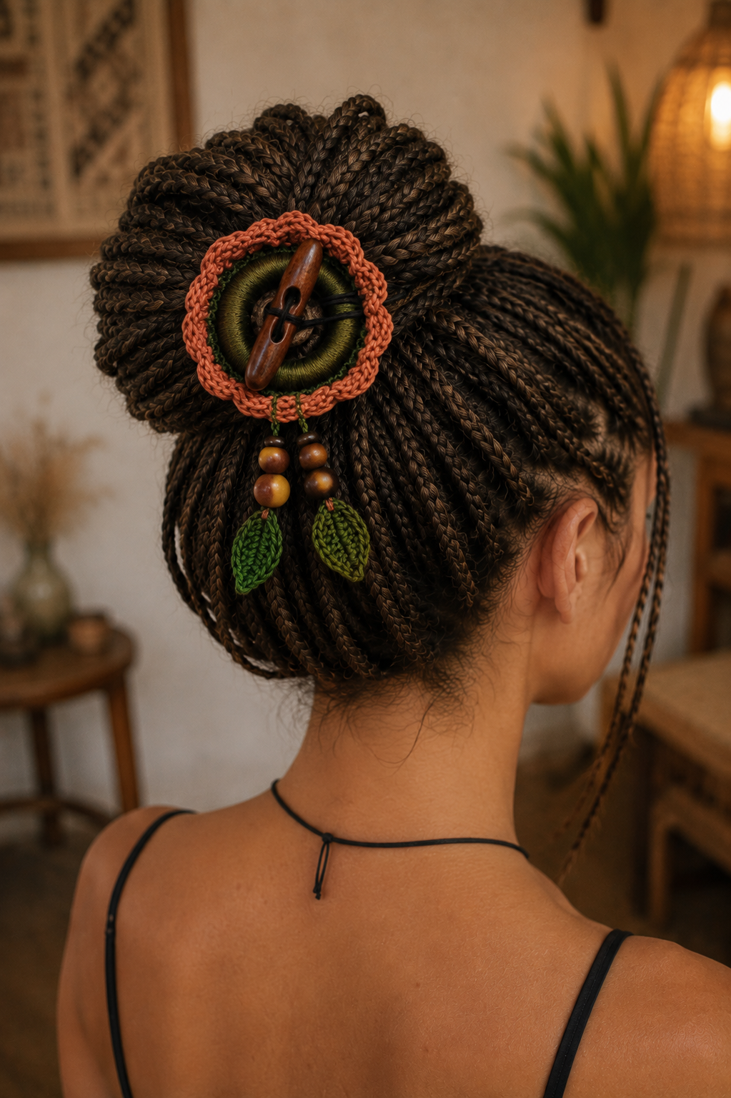 Terracotta Crochet Hair Cuff with Wooden Toggle for Dreadlocks, Braids and Thick Hair