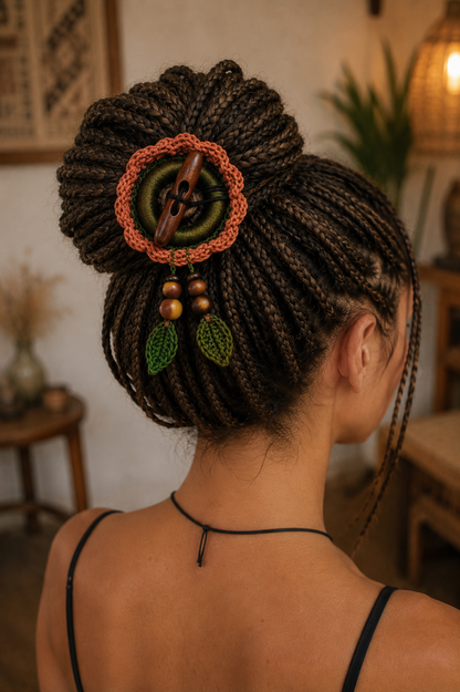 Terracotta Crochet Hair Cuff with Wooden Toggle for Dreadlocks, Braids and Thick Hair