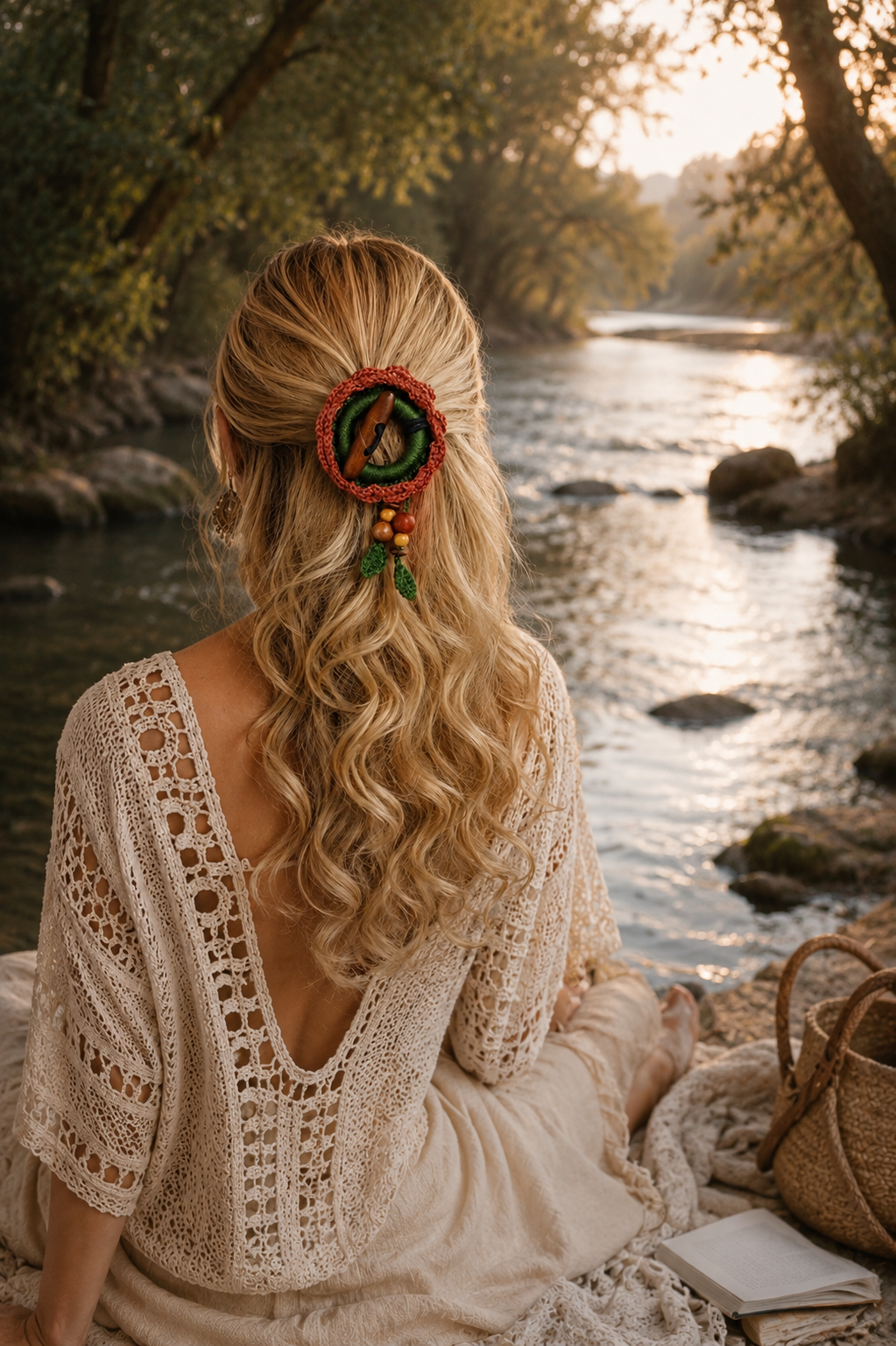 Terracotta Crochet Hair Cuff with Wooden Toggle for Dreadlocks, Braids and Thick Hair