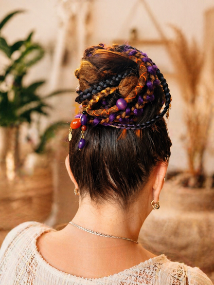 Violetter, orangefarbener, brauner unechter Dread-Pferdeschwanz – Hexen-Halloween-Dread-Bun-Verlängerung