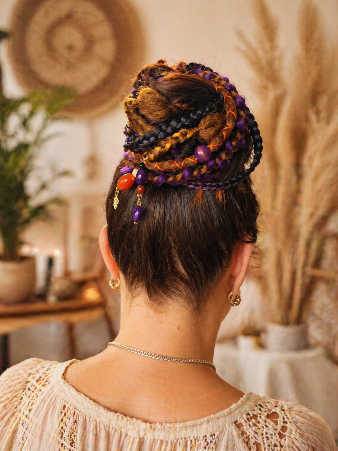 Violetter, orangefarbener, brauner unechter Dread-Pferdeschwanz – Hexen-Halloween-Dread-Bun-Verlängerung