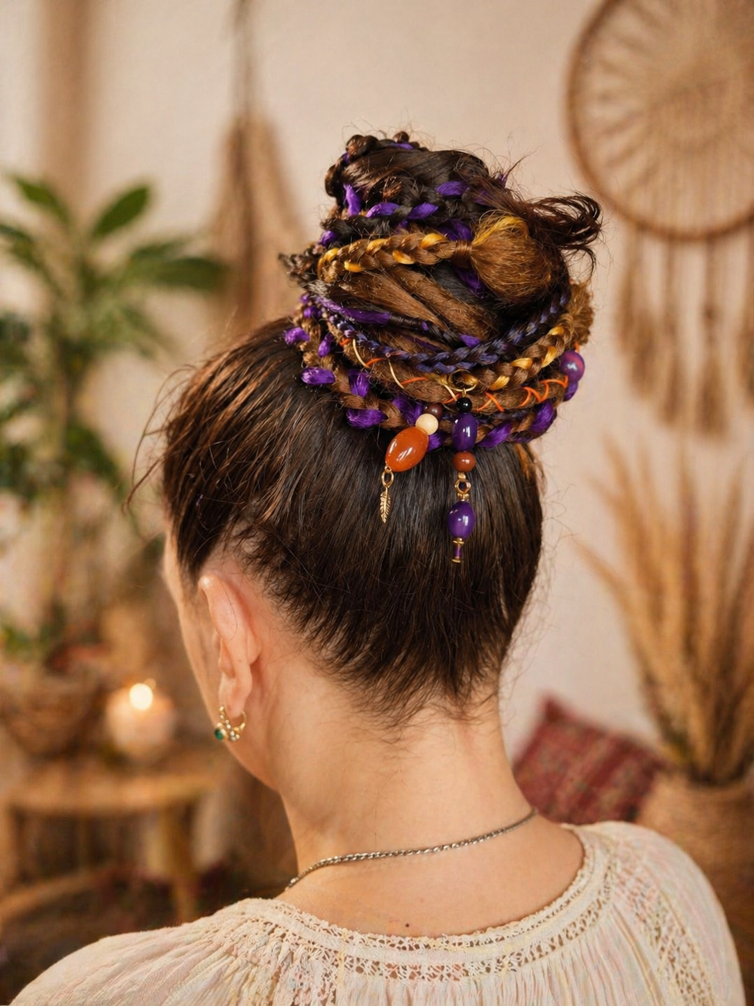 Violetter, orangefarbener, brauner unechter Dread-Pferdeschwanz – Hexen-Halloween-Dread-Bun-Verlängerung