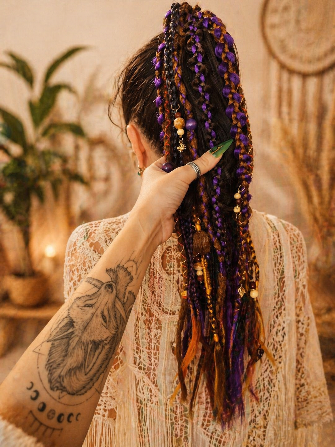 Violetter, orangefarbener, brauner unechter Dread-Pferdeschwanz – Hexen-Halloween-Dread-Bun-Verlängerung